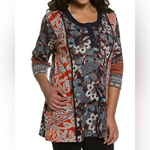 Ulla Popken Womens Plus Size Mixed Print Henley Tunic Tee size 24/26